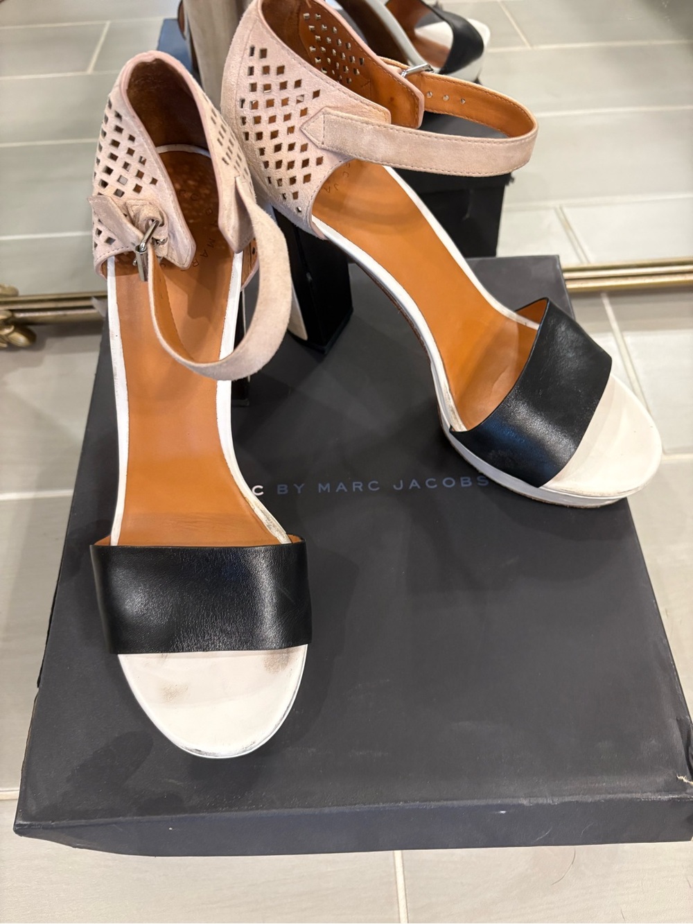 Marc Jacobs Black and Cream Suede Block Heel Sandals